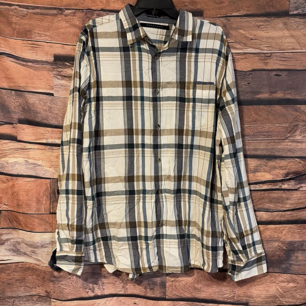 Sean John Mens XL Long Sleeve Button Up Shirt Tan Black White Plaid Streetwear